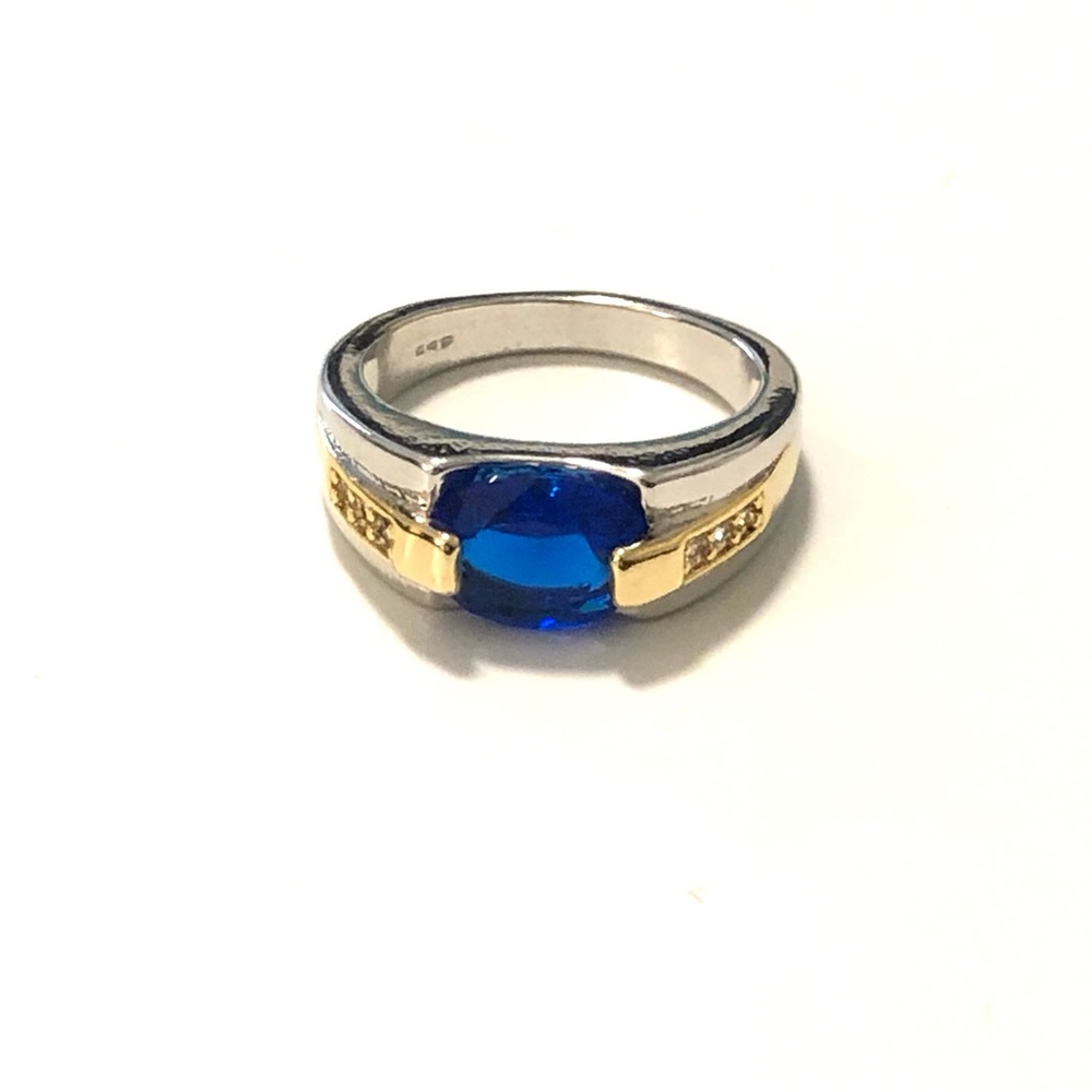 Blue Oval Cut Silver & Gold Color Ring - Picture 1 of 6